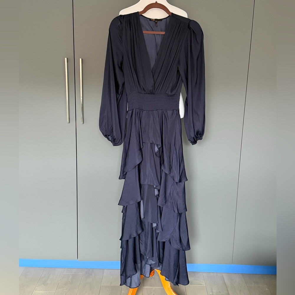 Maje Raffinela Smoked-Waist Ruffled Maxi Dress Navy V-Neck Long Sleeve size 36